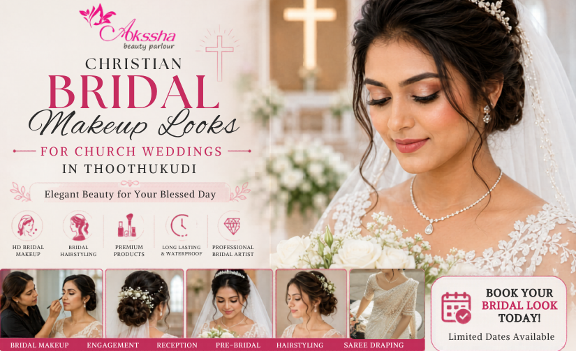 Christian bridal makeup Thoothukudi, Christian bridal makeup artist Thoothukudi, church wedding makeup Thoothukudi, bridal makeup for Christian wedding, HD bridal makeup Thoothukudi, bridal makeup salon Thoothukudi, Christian bride makeup ideas, South Indian Christian bridal makeup, bridal makeup booking Thoothukudi, wedding makeup artist Thoothukudi, bridal parlour in Thoothukudi, bridal makeover services, Christian wedding bridal look, airbrush bridal makeup, church bridal hairstyle