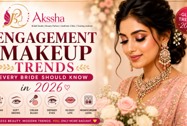 Beautiful South Indian bride showcasing 2026 engagement makeup trends by Akssha Beauty Parlour with glowing skin, soft glam eyes, glossy lips, and bridal jewellery.