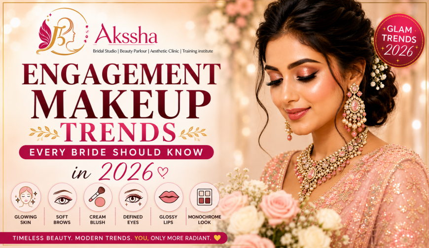 Beautiful South Indian bride showcasing 2026 engagement makeup trends by Akssha Beauty Parlour with glowing skin, soft glam eyes, glossy lips, and bridal jewellery.
